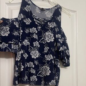 SO Navy Cold-Shoulder Floral Top with Lace-Up Neckline